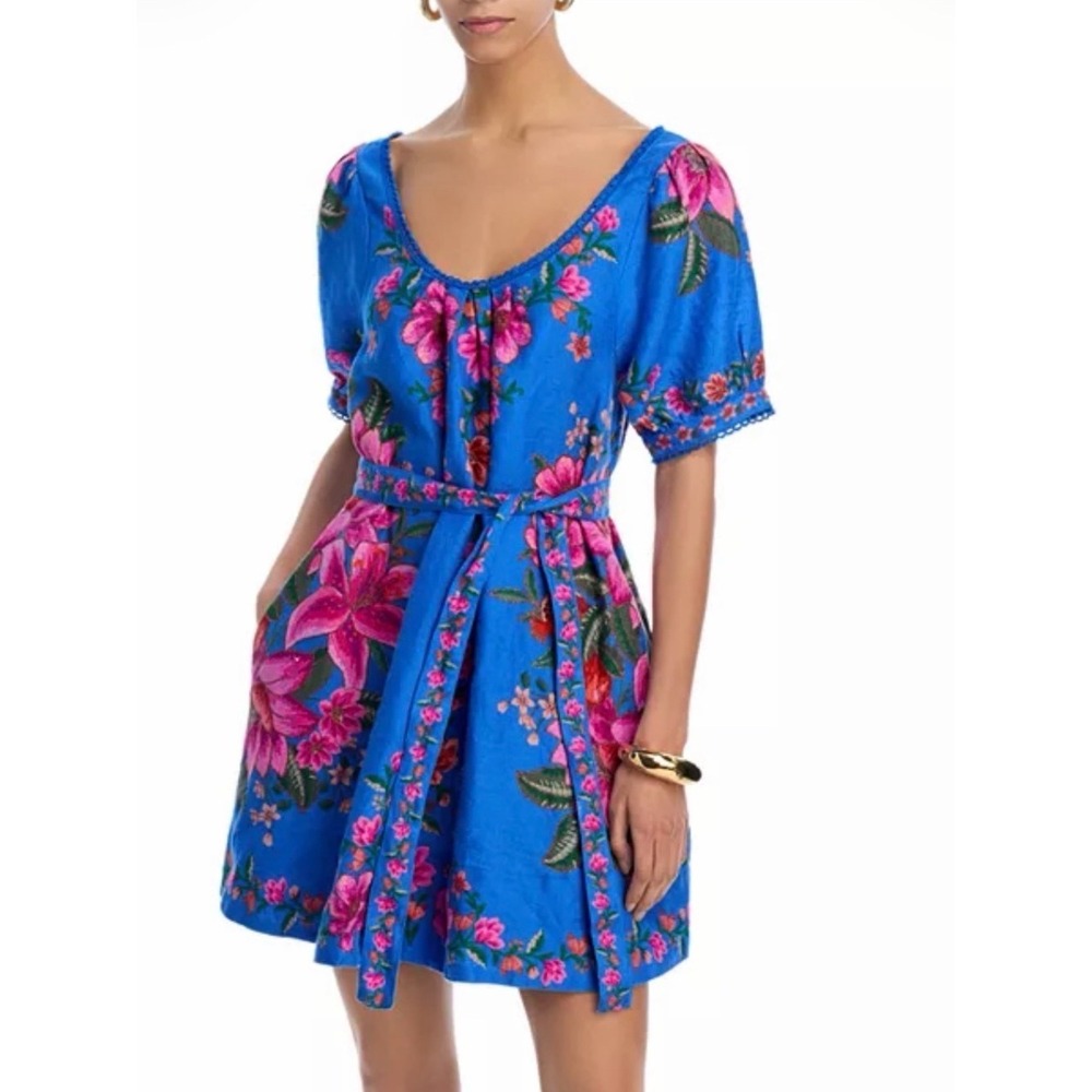 FARM Rio Blue Floral Puff Sleeve Mini Dress with Pink Blooms